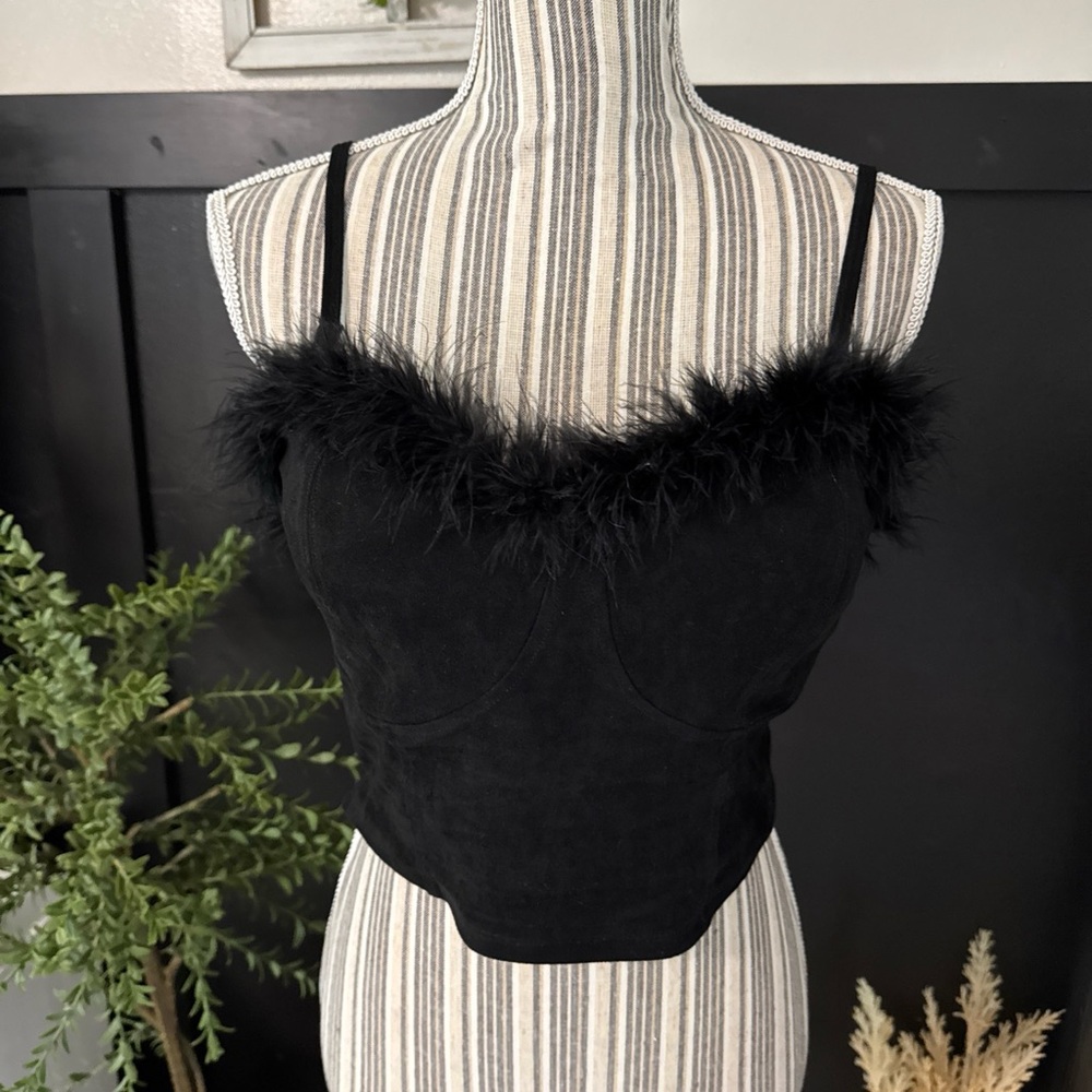 Klassy Network Black Feathered Crop Corset Sexy Baddie Concert Top Women’s XL